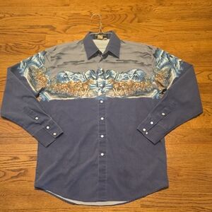 Vintage Buffalo Country Blue and Gray Mountain Scene Cowboy Shirt Medium